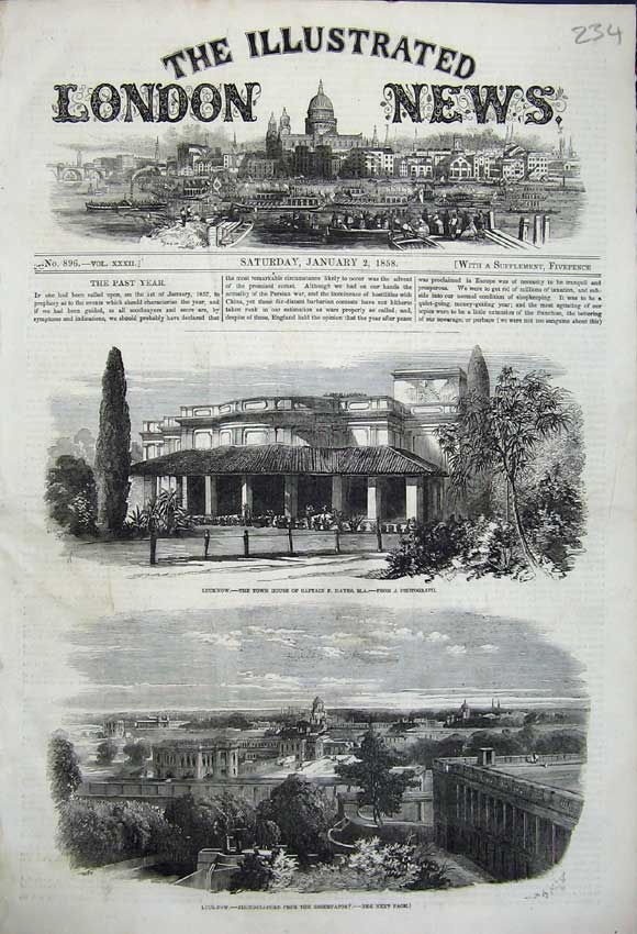 Original Old Antique Print 1858 Lucknow Town House Captain F Hayes Residence