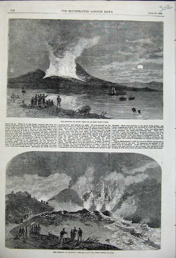 Original Old Antique Print 1858 Eruption Mount Vesuvuis Great Stream Lava 19th