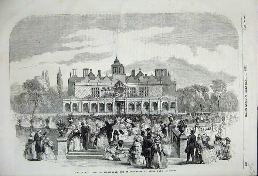 Original Old Antique Print 1858 Royal Visit Birmingham Inauguration Aston Park