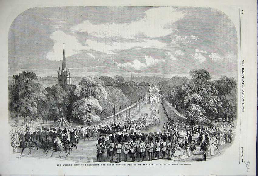 Original Old Antique Print 1858 Royal Visit Cortege Passing Avenue Aston Hall