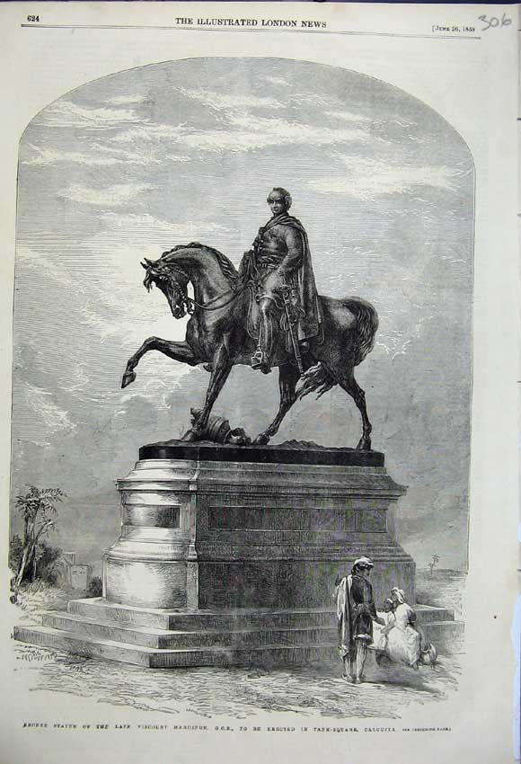 Original Old Antique Print Bronze Satute Viscount Handinge Tank Square 1858