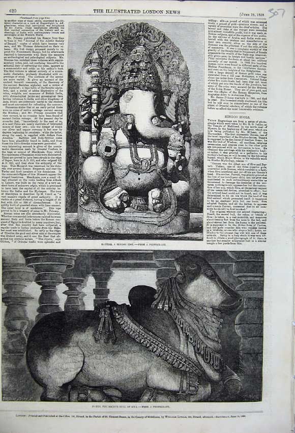 Original Old Antique Print 1858 Ganesa Hindoo Idols Nandi Sacred Bull Siva 19th