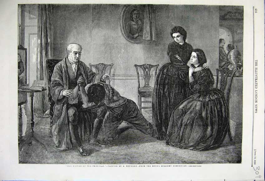 Original Old Antique Print Return The Prodical Rankley Fine Art 1858 Father Son
