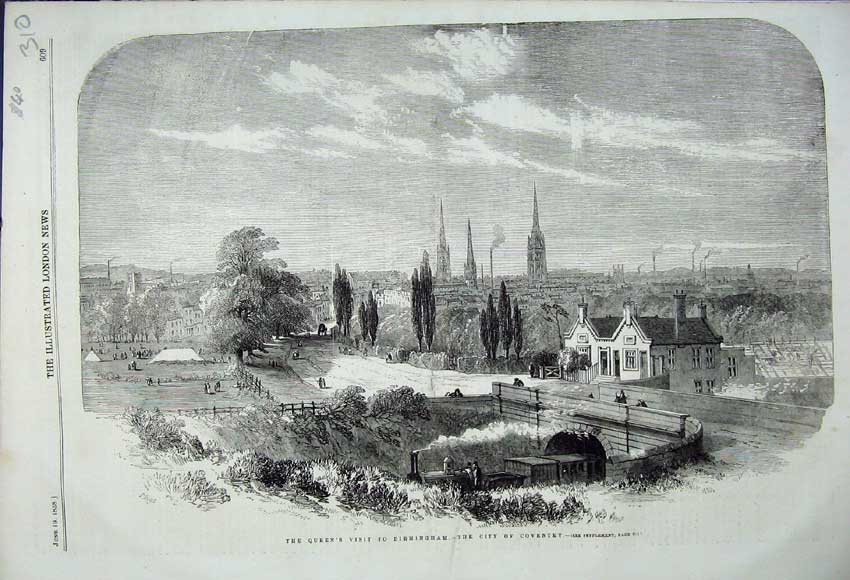 Original Old Antique Print 1858 Royal Visit Birmingham City Coventry Scene 19th