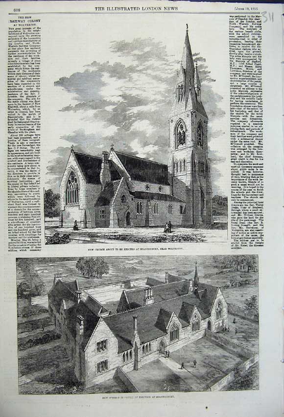 Old Antique Print 1858 Stantonbury Wolverton New Schools Church Railway 19th