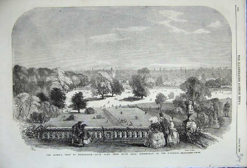 Original Old Antique Print Aston Park From Aston Hall Brimningham 1858 19th