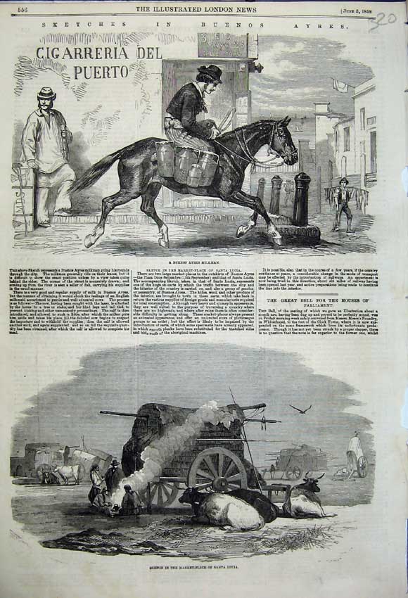 Original Old Antique Print 1858 Buenos Ayres Milkman Santa Lucia Market Place
