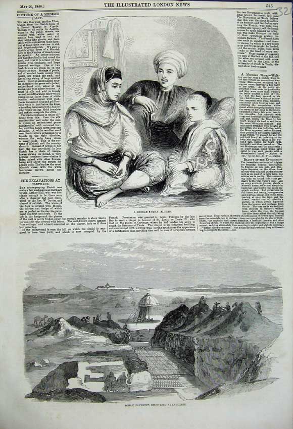 Original Old Antique Print 1858 Medeah Family Algiers Mosaic Pavement Carthage