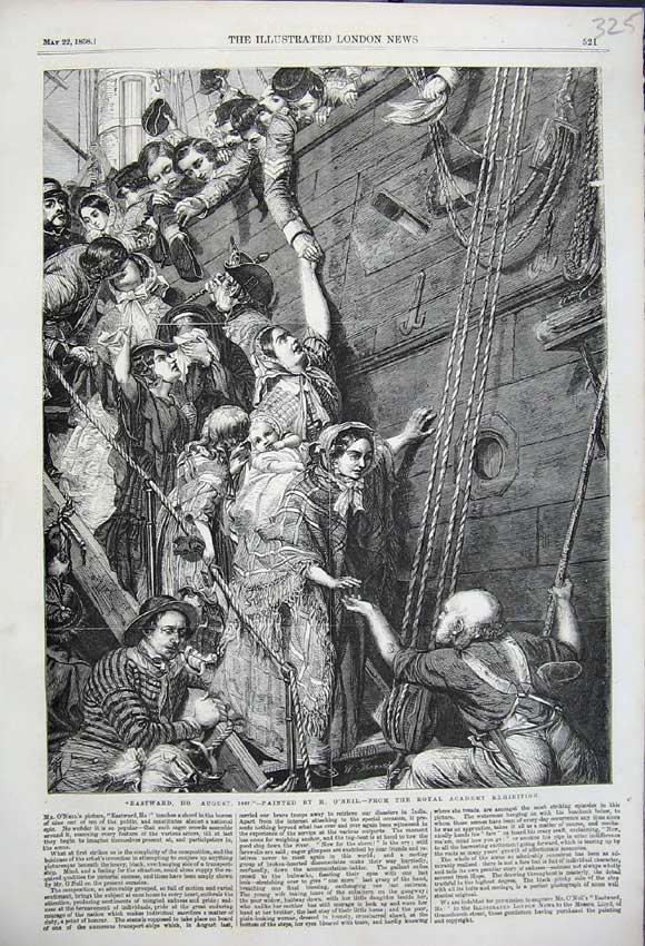Original Old Antique Print Eastward Ho O'Neil Fine Art Ship Women Men 1858 19th