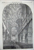 Original Old Antique Print Sherbourne Minster Restored Interior 1858 Victorian