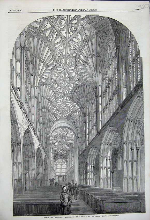Original Old Antique Print Sherbourne Minster Restored Interior 1858 Victorian