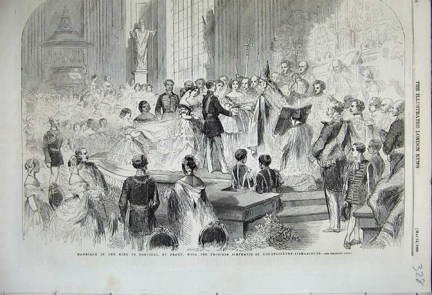 Original Old Antique Print Marriage King Portugal Stephanie Hohenzollern 1858
