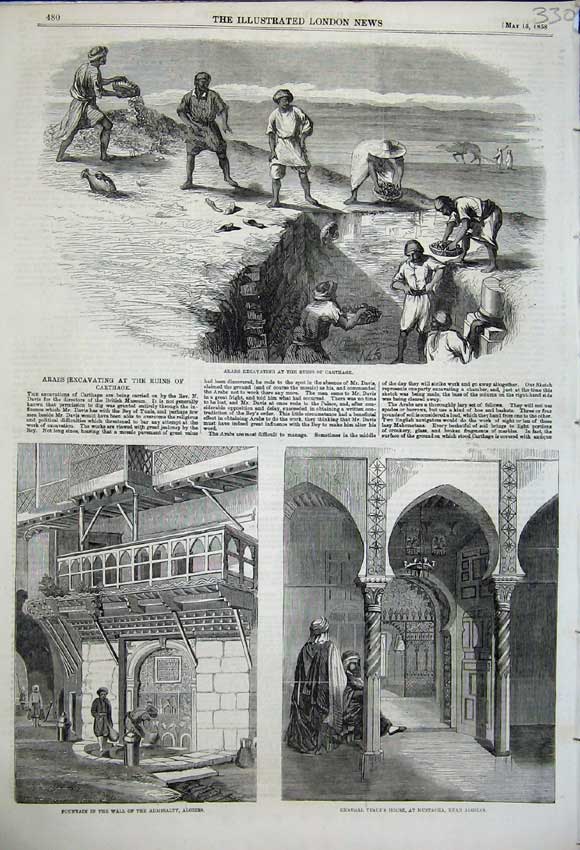 Original Old Antique Print 1858 Arabs Digging Ruins Carthage Algiers Fountain