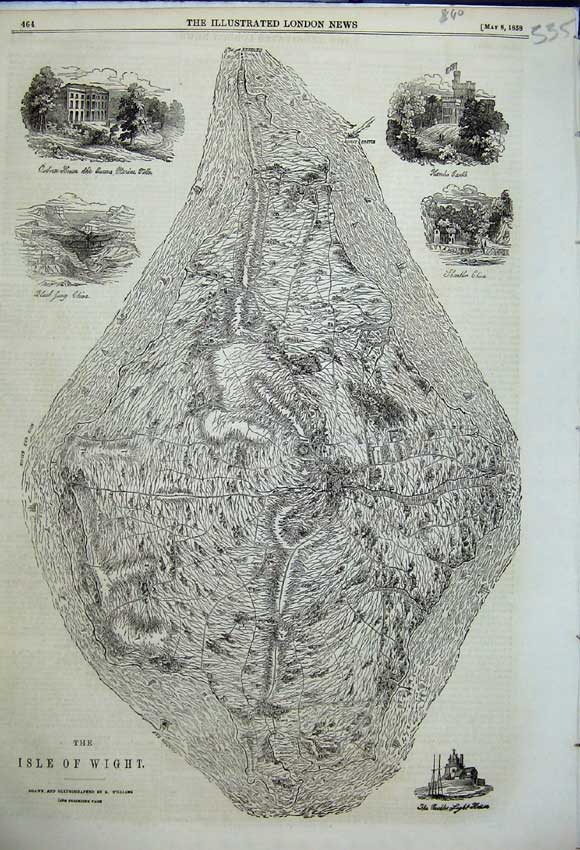 Original Old Antique Print 1858 The Isle White From Above Island View Victorian