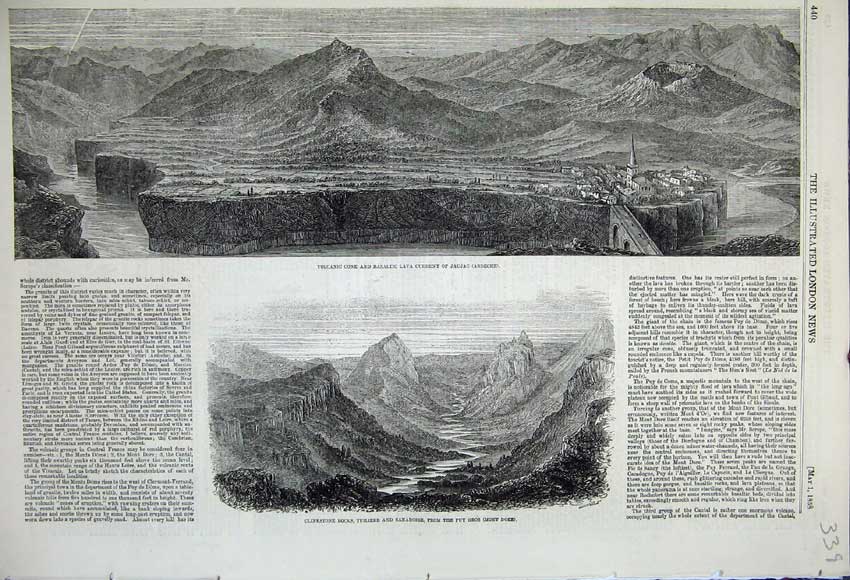 Old Antique Print 1858 Extinct Volcanos Central France Clinkstone Rocks 19th