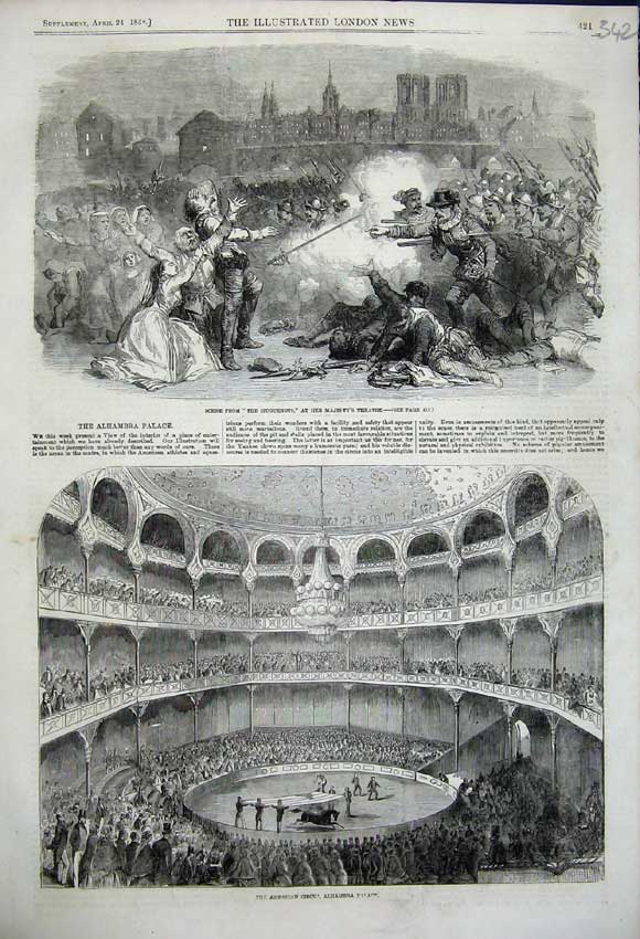Original Old Antique Print 1858 Scene The Huguenots Theatre American Circus