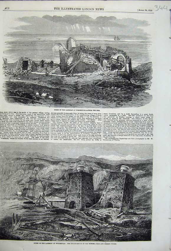 Original Old Antique Print 1858 Landslip At Wreckhills Engine House Iron Works