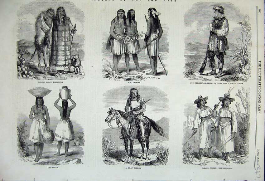 Old Antique Print 1858 Indians Far West Lipan Pimo Papagos Yuma Diegeno 19th