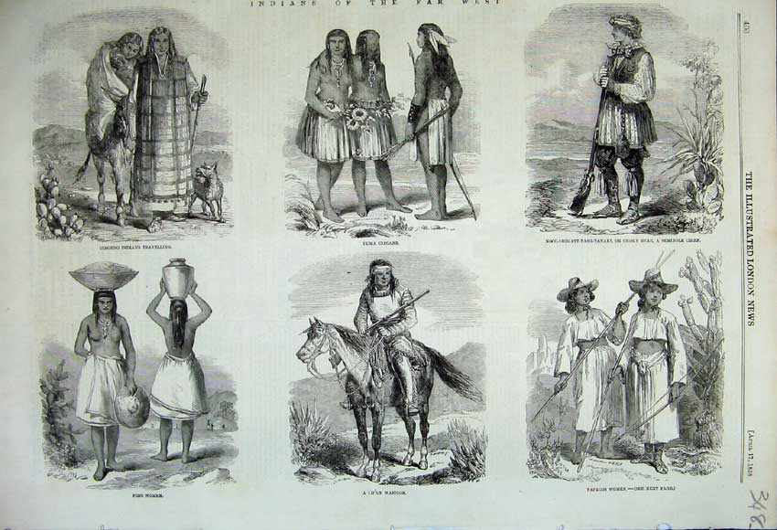 Old Antique Print Indians Far West Lipan Pimo Papagos Yuma Diegeno 1858 19th