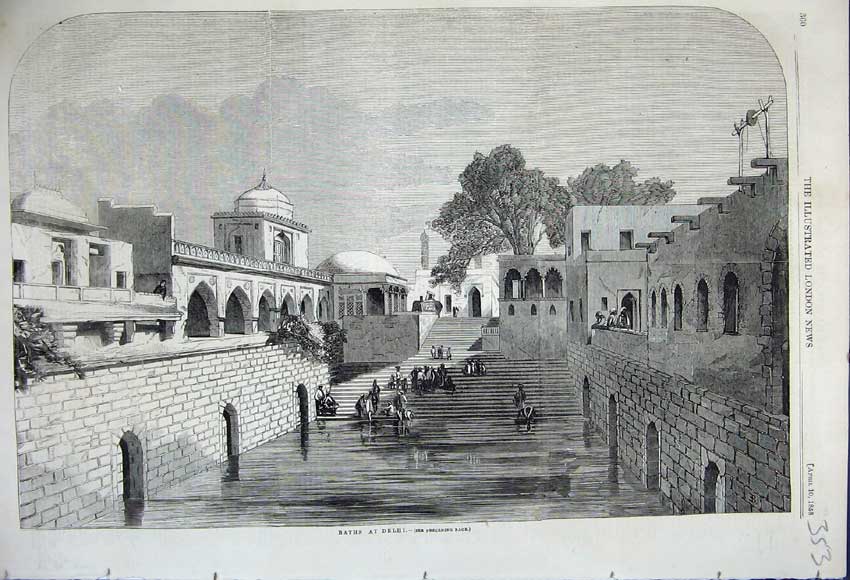 Original Old Antique Print 1858 Baths At Delhi Buildings Men Water Outside 19th