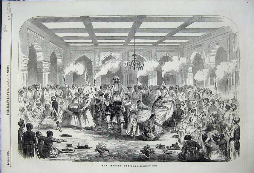 Original Old Antique Print 1858 The Hoolie Festival India Indian Social History