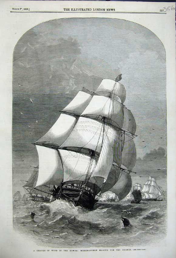 Original Old Antique Print Change Wind Merchantmen Thames Ship Rough Seas 1858