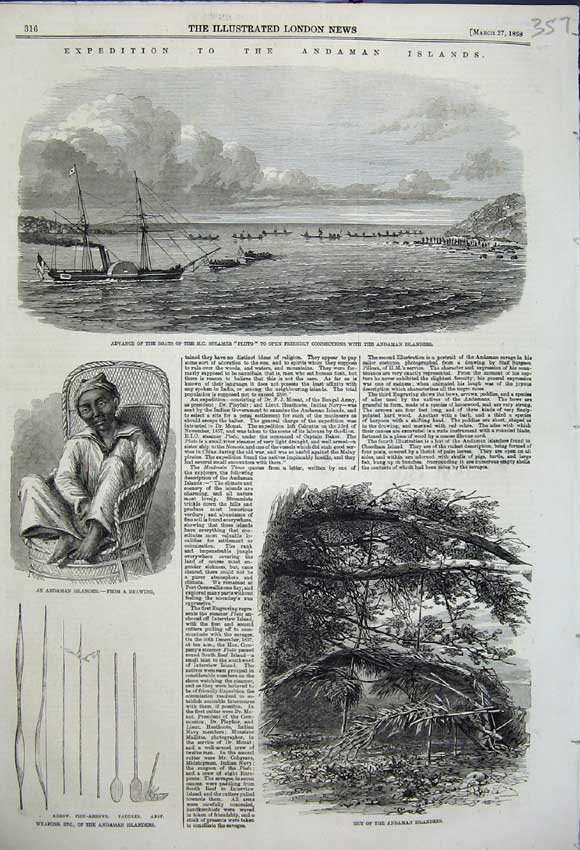 Original Old Antique Print 1858 Expedition Andman Islands Weapons Man Hut Pluto