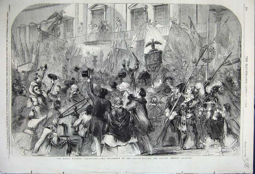 Original Old Antique Print 1858 Royal Wedding Procession Trades Palace Berlin