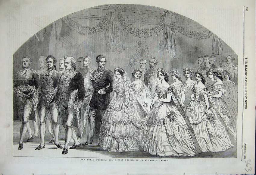 Original Old Antique Print 1858 Royal Wedding Bridal Procession James Palace