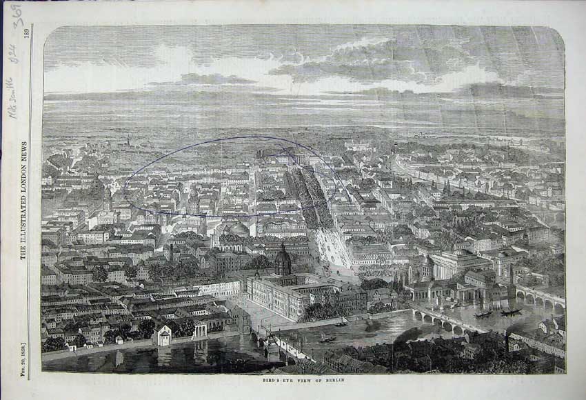 Original Old Antique Print Birds Eye View City Berlin Houses River Boats 1858