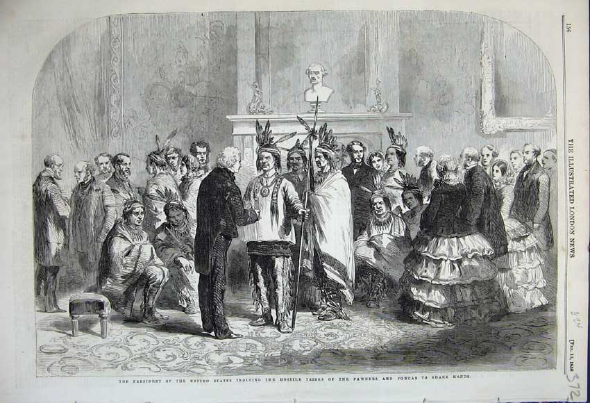 Original Old Antique Print 1858 President Buchanan Usa Tribes Pawnees Poncas