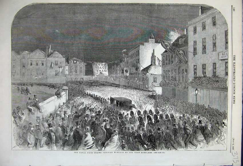 Original Old Antique Print 1858 Royal Ride Through Windsor Eton Scholars 19th