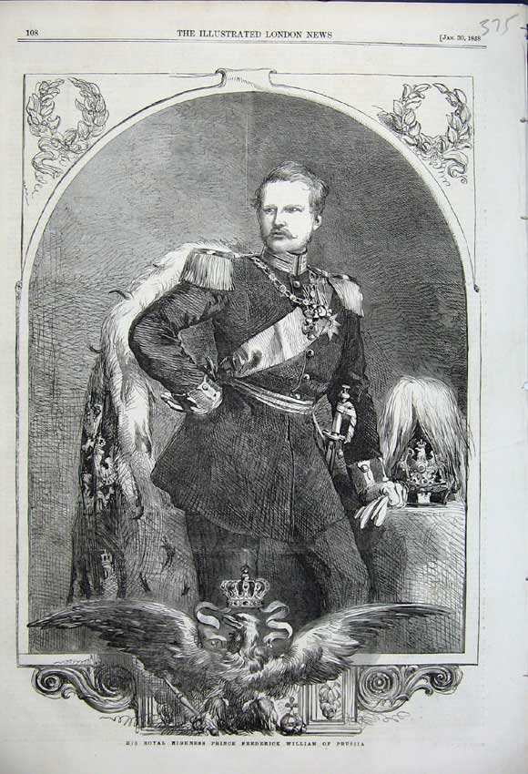 Old Antique Print 1858 Royal Highness Frederick William Prussia Portrait 19th