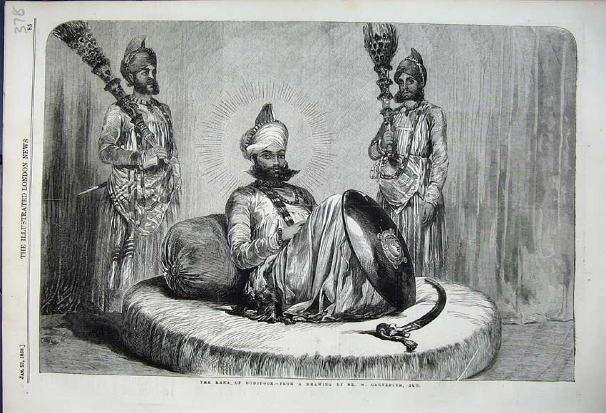 Original Old Antique Print The Rana Oodipoor Drawn By Carpenter 1858 Victorian