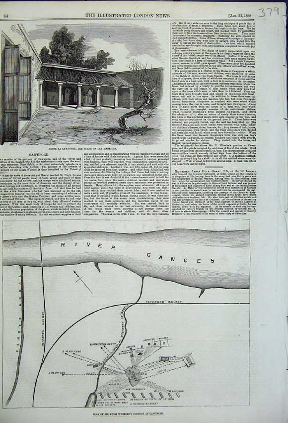 Original Old Antique Print 1858 Cawnpore Hugh Wheelers Position Ganges River