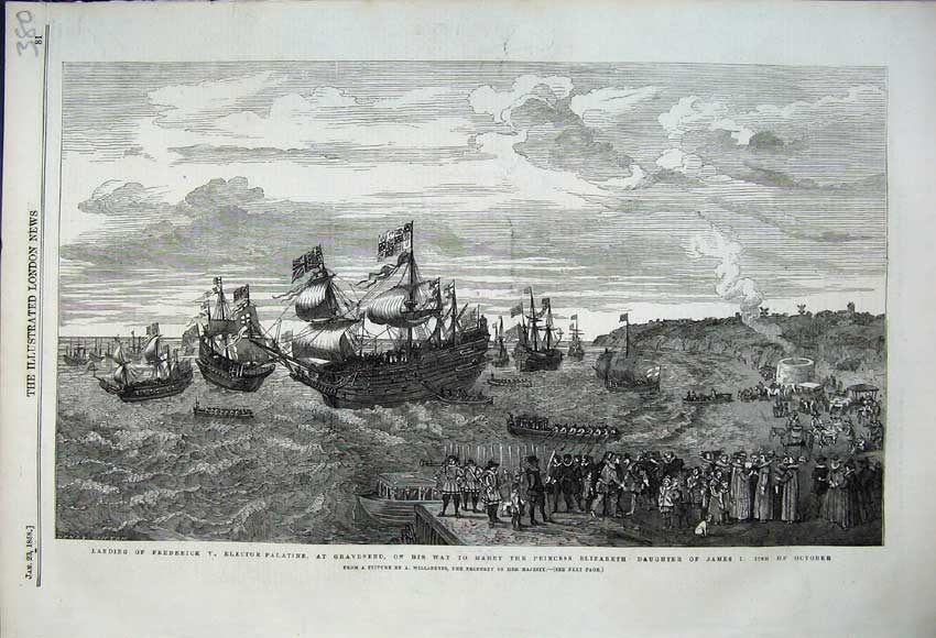 Original Old Antique Print 1858 Ships Landing Frederick Gravesend Elizabeth