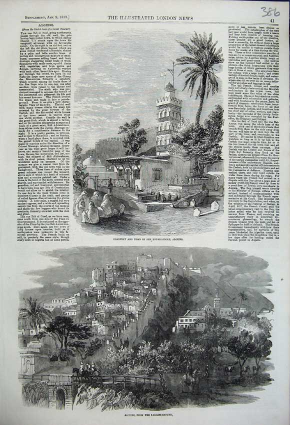Original Old Antique Print 1858 Cemetery Tomb Sidi Arderahman Algiers Parade