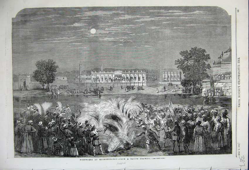 Original Old Antique Print 1858 Fireworks Before Mahalet Moorshedabad India
