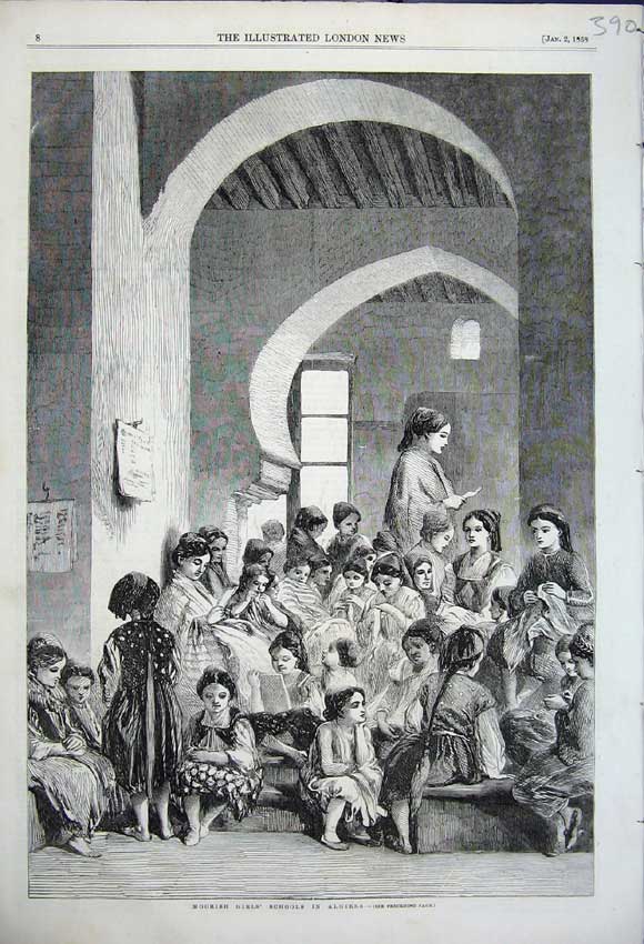 Original Old Antique Print 1858 Moorish Girls Schools In Algiers Madame Luce