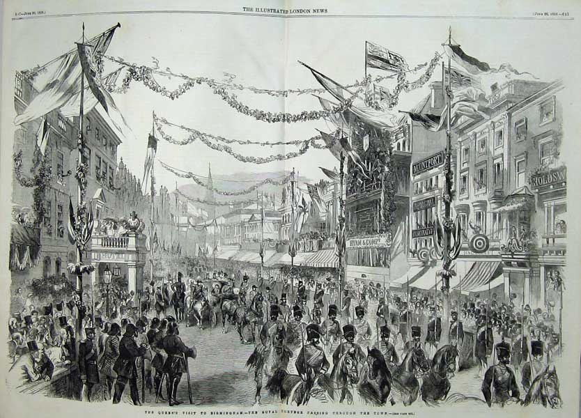 Old Antique Print 1858 Queens Visit To Birmingham Cortege Through Town 19th