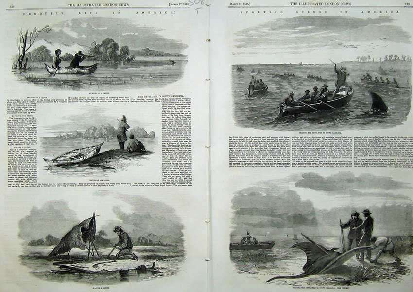 Old Antique Print 1858 Frontier Life America Canoe Otter Devil Fish Hunt 19th