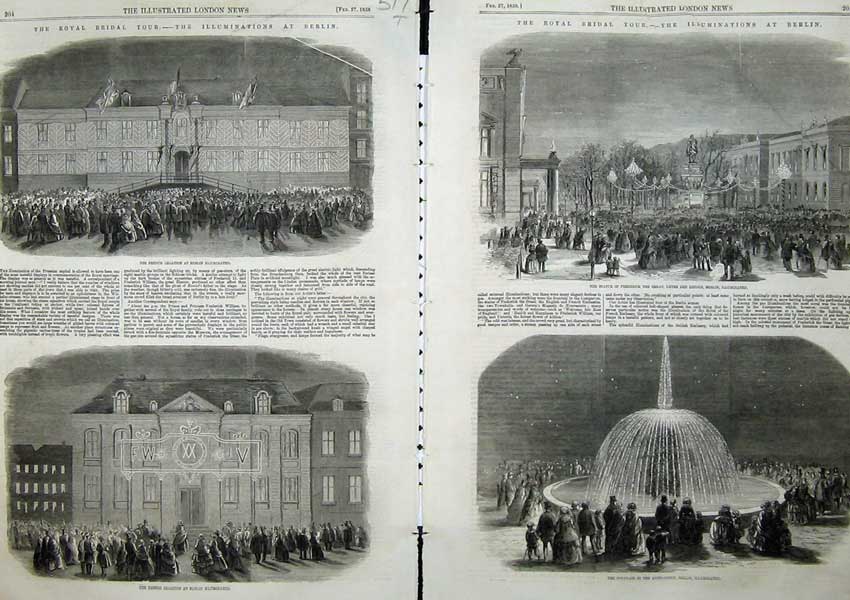 Original Old Antique Print Illuminations Berlin 1858 British Legation Fountain