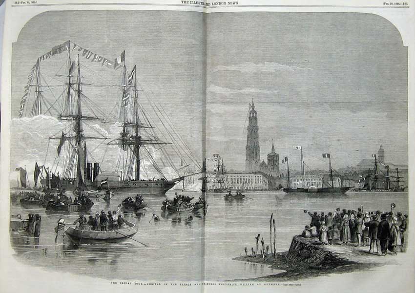 Old Antique Print 1858 Bridal Tour Frederick William Antwerp Ship River 19th