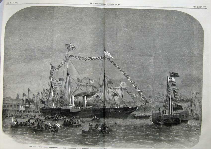 Antique Old Print 1858 Gravesend Victoria Albert Royal Yacht Prussia Ship 19th