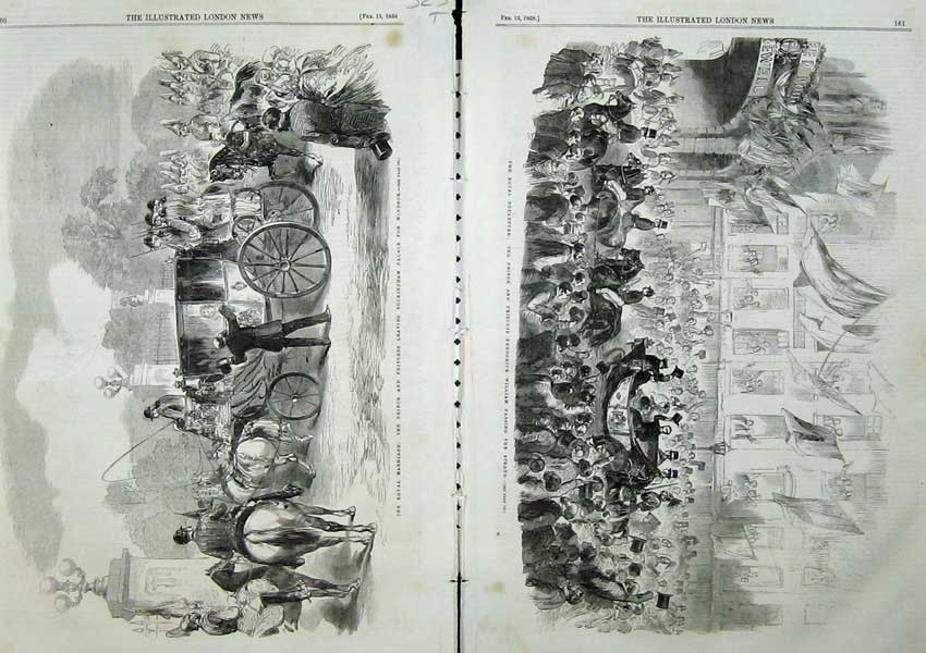 Old Antique Print 1858 Royal Marriage Carriage Leaving Buckingham Palace 19th