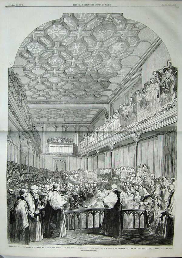 Original Old Antique Print 1858 Royal Marriage Frederick Chapel Royal St James