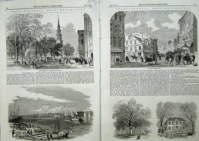 Antique Old Print 1858 Tremont Street Boston Liberty Tree Longfellow Hous 19th