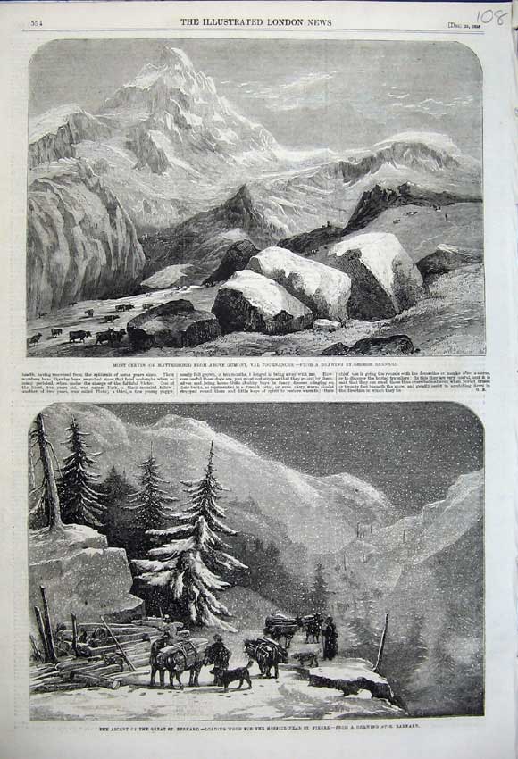 Old Antique Print 1858 Mont Cervin Matterhorn St Bernard Mountain Barnard 19th