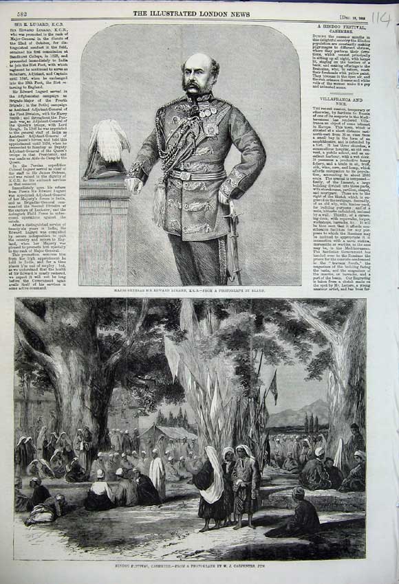 Old Antique Print 1858 Major Edward Lugard Hindoo Festival Cashmere Art 19th