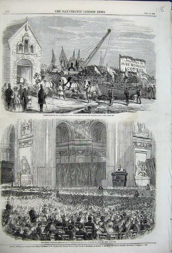 Original Old Antique Print 1858 Life-Boat House Sunderland St Paul'S Cathedral